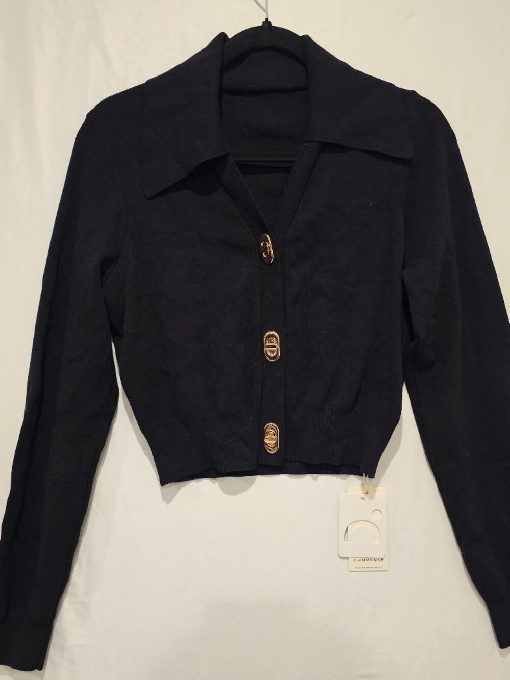 NWT Commense Women's L Buckle Up Long Sleeve Cropped Knit Cardigan Top Black